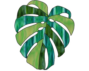 May include: A stained glass design of a green monstera leaf with a white background.