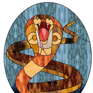 May include: A stained glass window design of a cobra snake with its hood raised, with a blue background. The snake is made of brown, orange, and yellow glass.