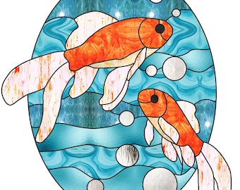 Peut inclure: Motif de vitrail de deux poissons rouges orange et blancs nageant dans de l'eau bleue avec des bulles blanches. Le motif est conçu en forme ovale.
