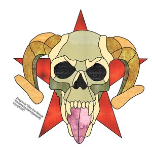 May include: A stained glass design of a skull with horns, a long tongue, and angry eyes. The skull is set against a red five-pointed star.