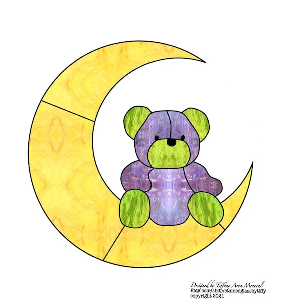 Teddy bear sitting on Moon Stained Glass Pattern Digital Download