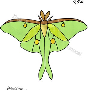 May include: A green and yellow stained glass moth with brown accents. The moth is 9 inches by 6 inches. The image includes the text "Designed by Tiffany Aron Menocal Etsy.com/shop/stainedglassbytiffy copyright 2021"