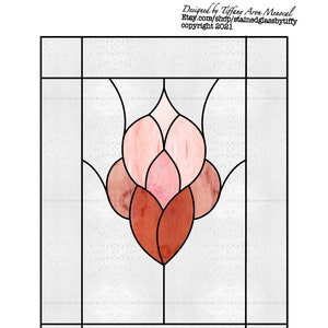 May include: A stained glass design featuring a stylized flower with pink and red glass pieces. The flower is set within a rectangular frame with black lines.
