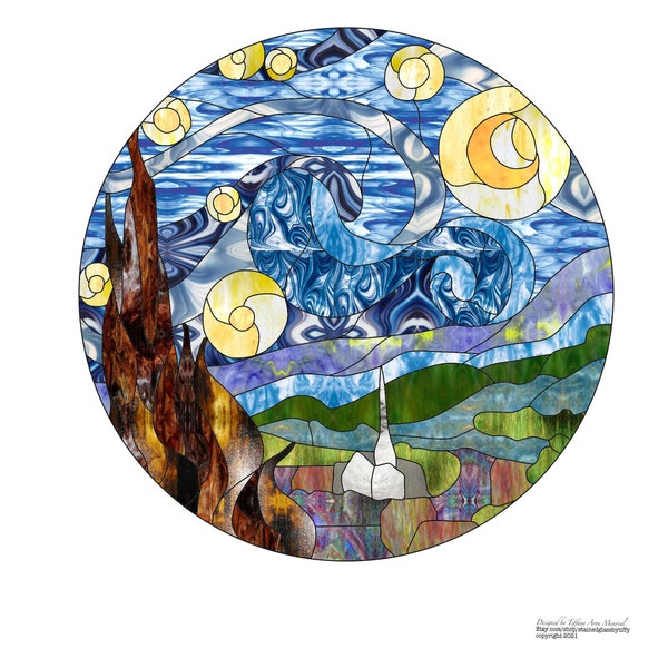 Inspired Van Gogh Starry Night Stained Glass Pattern Digital Download round