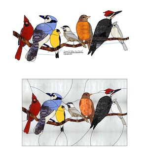 Vogels op een tak Gebrandschilderd glaspatroon Digitale download vogel