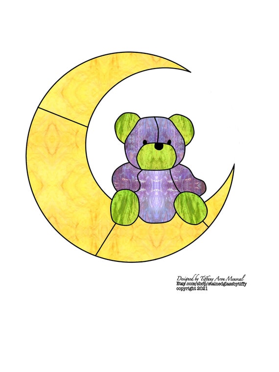 Teddy bear sitting on Moon Stained Glass Pattern Digital Download