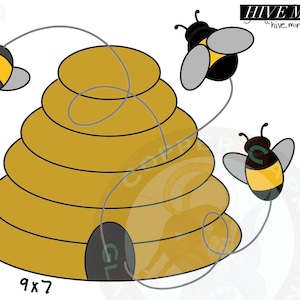 May include: A yellow and black beehive with a 9x7 grid pattern. Three bees are flying around the hive. The text "HIVE MIND" and "hive mind" are in the upper right corner of the image.