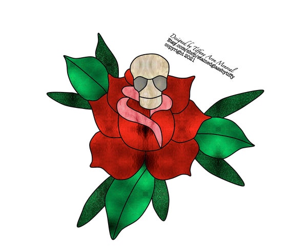 Traditional rose with skull Flowers Stained Glass Pattern Digital Download