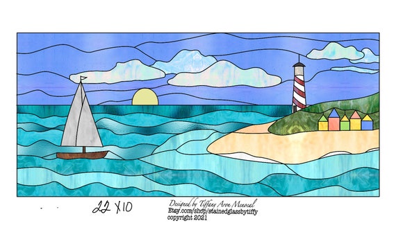 Beach with huts and sailboat Stained Glass Pattern Digital Download