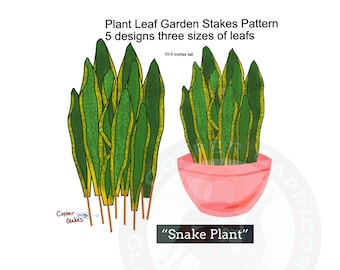 May include: A digital illustration of a snake plant with green and yellow leaves. The plant is in a pink pot and is 10-5 inches tall. The image also shows copper stakes for supporting plants.