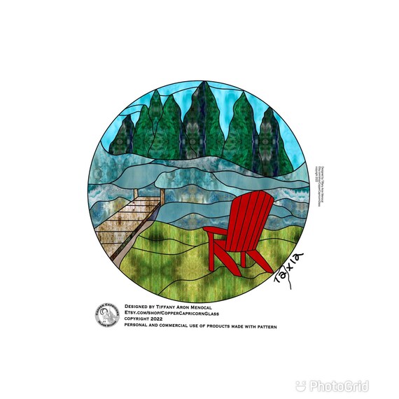 Lakefront pier chair on beach Stained Glass Pattern Digital Download