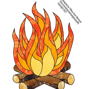 May include: A stained glass pattern of a campfire with orange, yellow, and brown glass pieces. The flames are tall and pointed, and the logs are crossed underneath. The text "Designed by Tiffany Aron Menocal Etsy.com/shop/stainedglassbytiffany copyright 2021" is in the upper right corner.