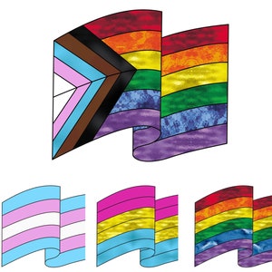 May include: A set of three pride flags, each with a different color scheme. The first flag is a transgender pride flag with light blue, pink, and white stripes. The second flag is a genderqueer pride flag with pink, yellow, and light blue stripes. The third flag is a progress pride flag with red, orange, yellow, green, blue, indigo, and violet stripes, with a black and brown stripe at the top and a light blue, pink, and white stripe at the bottom.
