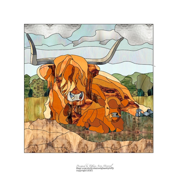 Highland Cow and calf Stained Glass Pattern Digital Download '