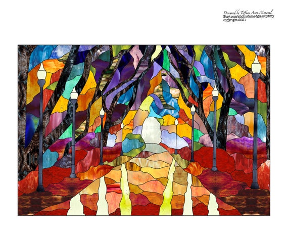Park landscape Stained Glass Pattern Digital Download