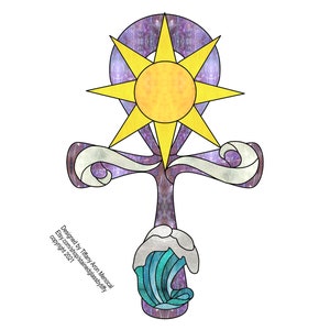 May include: A stained glass depiction of the Egyptian Ankh symbol, with a sun in the top loop and a wave at the bottom. The Ankh is purple, the sun is yellow, and the wave is blue.