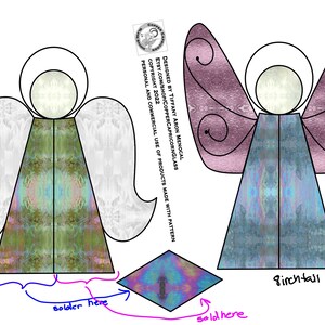 May include: Two stained glass angel ornaments, one with green and purple iridescent glass and the other with blue and purple iridescent glass. The angels are 7 1/2 inches and 8 inches tall, respectively. The pattern includes instructions for soldering the pieces together.