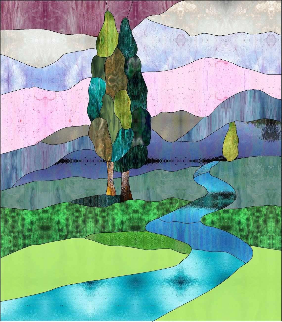 Landscape Panel With River Stained Glass Pattern Digital Etsy