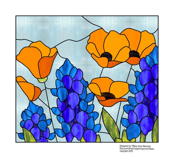 POPPY BONNET • Poppy Bluebonnet Flower • Stained Glass Pattern • Digital Download
