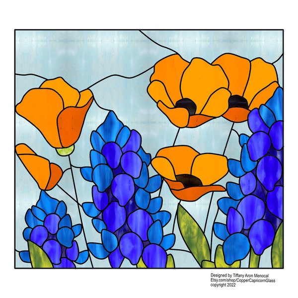 POPPY BONNET • Poppy Bluebonnet Flower • Stained Glass Pattern • Digital Download