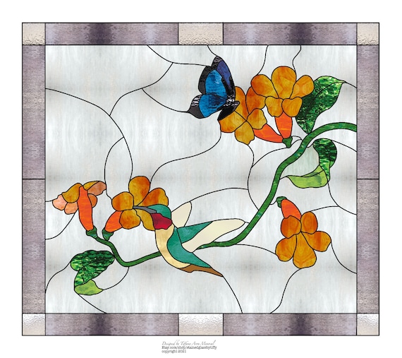 Hummingbird and butterfly on trumpet vine Stained Glass Pattern Digital Download