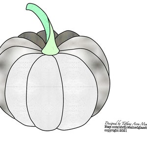 May include: A white pumpkin with a light green stem. The pumpkin has a textured, watercolor-like appearance.