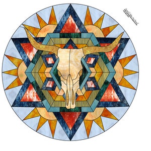 May include: A stained glass design featuring a bull skull in the center, surrounded by a geometric pattern of triangles and stars in shades of blue, red, orange, and yellow.