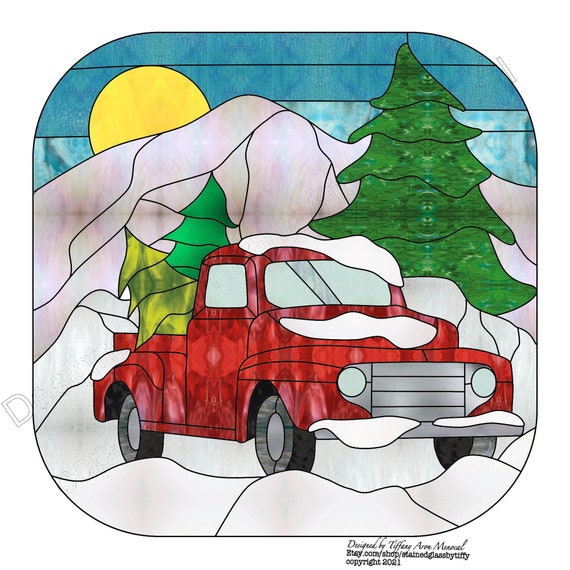 Christmas tree in truck Stained Glass Pattern Digital Download