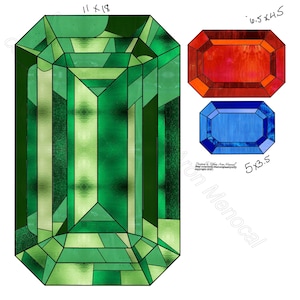 May include: A green emerald-shaped gemstone with a stained glass design. The gemstone is 11 inches by 18 inches. There are two smaller gemstones, one red and one blue, with dimensions listed in inches.
