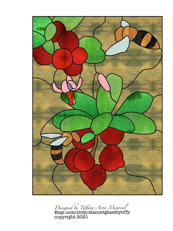 Cranberry Bees Stained Glass Pattern Digital Download