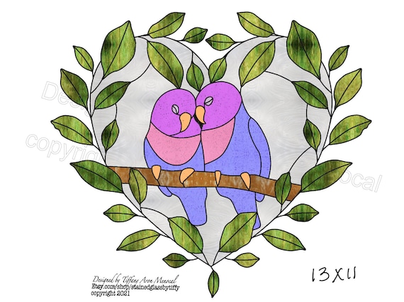 Love Birds heart Stained Glass Pattern Digital Download bird