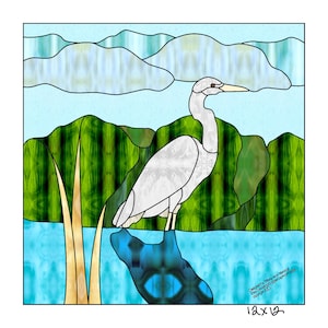 EGRET • Lake White Heron • Stained Glass Pattern • Digital Download