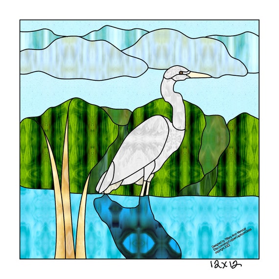EGRET • Lake White Heron • Stained Glass Pattern • Digital Download