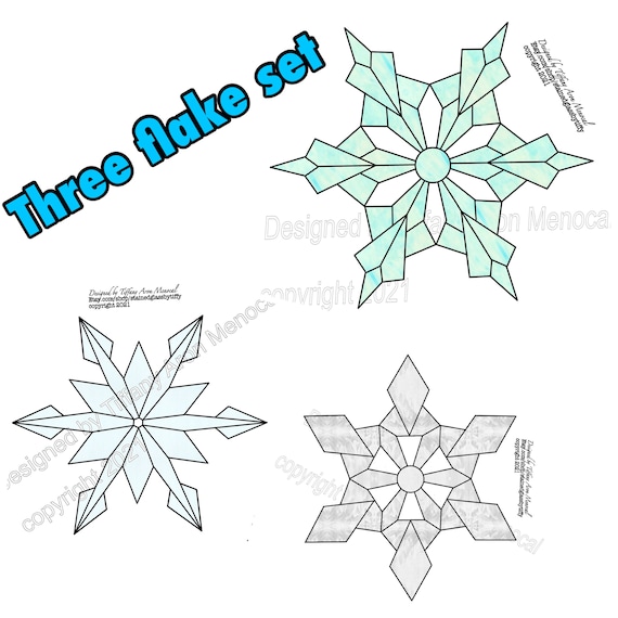 Snowflake 3 pack set 2 Stained Glass Pattern Digital Download,