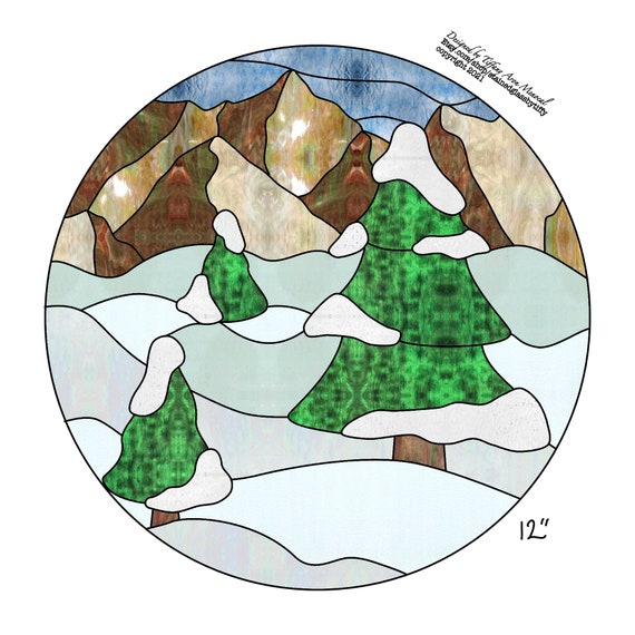 Winter snow capped mountains Stained Glass Pattern Digital Download