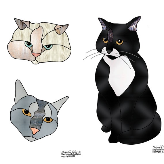 Cat Stained Glass Patterns three variations Digital Download