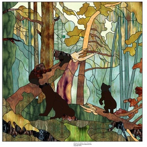 May include: A stained glass window depicting a forest scene with three brown bears. The bears are standing on a fallen log and looking up at the trees. The background is a mix of green, brown, and blue colors.