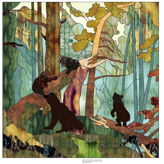 Inspired Shishkin three bears painting Stained Glass Pattern Digital Download