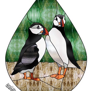 May include: Two puffins, one black and white with an orange beak and the other white with an orange beak, stand on a brown rocky surface with a green background. The image is a stained glass design.