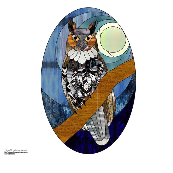 GREAT-HORNED OWL • Forest Mountain Nighthawk • Stained Glass Pattern • Digital Download