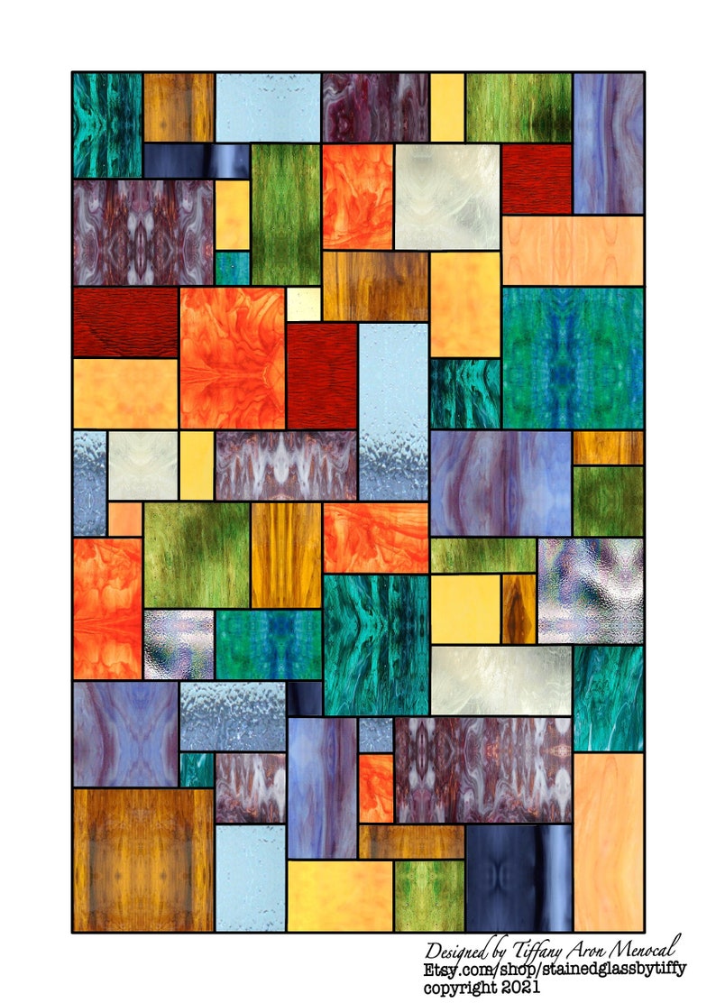 May include: A stained glass window design with a geometric pattern of squares and rectangles in shades of blue, green, yellow, orange, and red.