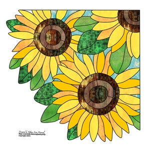 May include: A stained glass design featuring three yellow sunflowers with brown centers and green leaves. The design is set against a blue and white background.