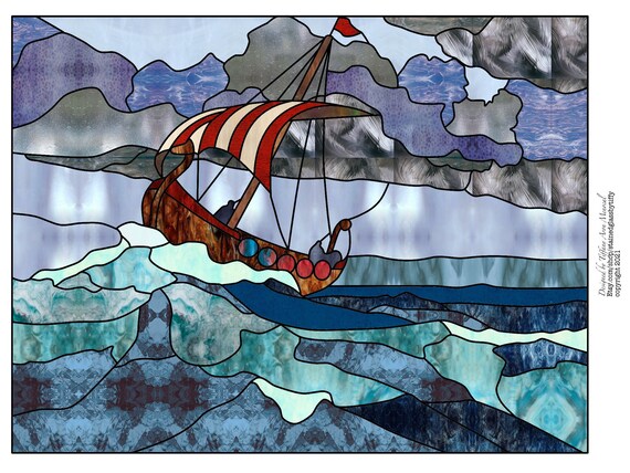 Viking ship Stained Glass Pattern Digital Download '