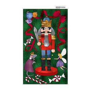 Puede incluir: Una ilustración de estilo vitral de un Cascanueces soldado con un uniforme rojo y azul, sosteniendo una espada. El Cascanueces está rodeado de bastones de caramelo, adornos y una cinta roja. También hay un ratón con una túnica morada y un hada con alas en la imagen.