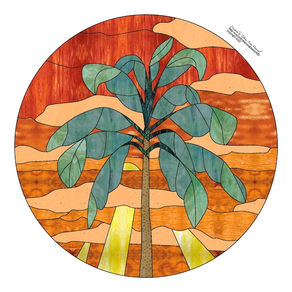 Sunset with palm tree Stained Glass Pattern Digital Download