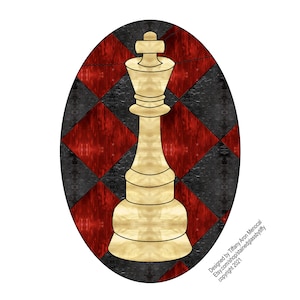 May include: A stained glass design of a white chess king piece on a red and black checkered background. The design is oval shaped and has the text "Designed by Tiffany Aron Menocal Etsy.com/shop/stainedglassbytiffy copyright 2021" at the bottom.