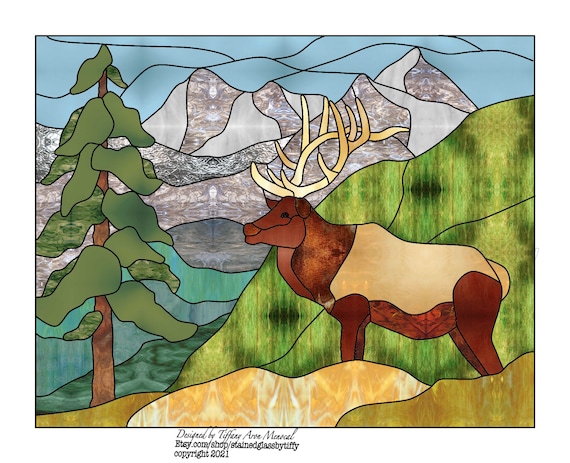 Elk in mountains Stained Glass Pattern Digital Download '