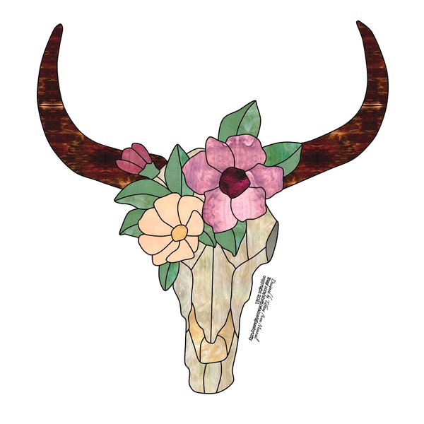 Cow skull with roses Stained Glass Pattern Digital Download