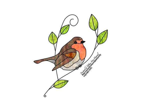 English robin bird on a branch Stained Glass Pattern Digital Download