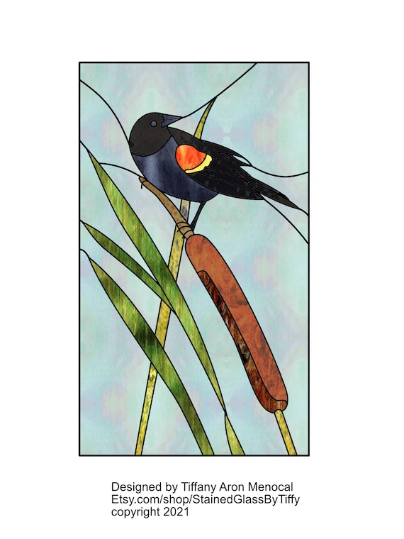 BIRD N' CATTAIL • Red-Winged Blackbird • Stained Glass Pattern • Digital Download